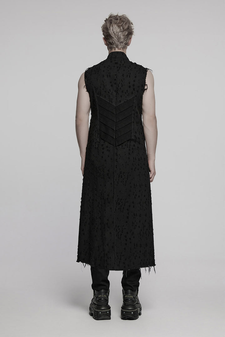 mens distressed cyber goth trench coat with raw hem 