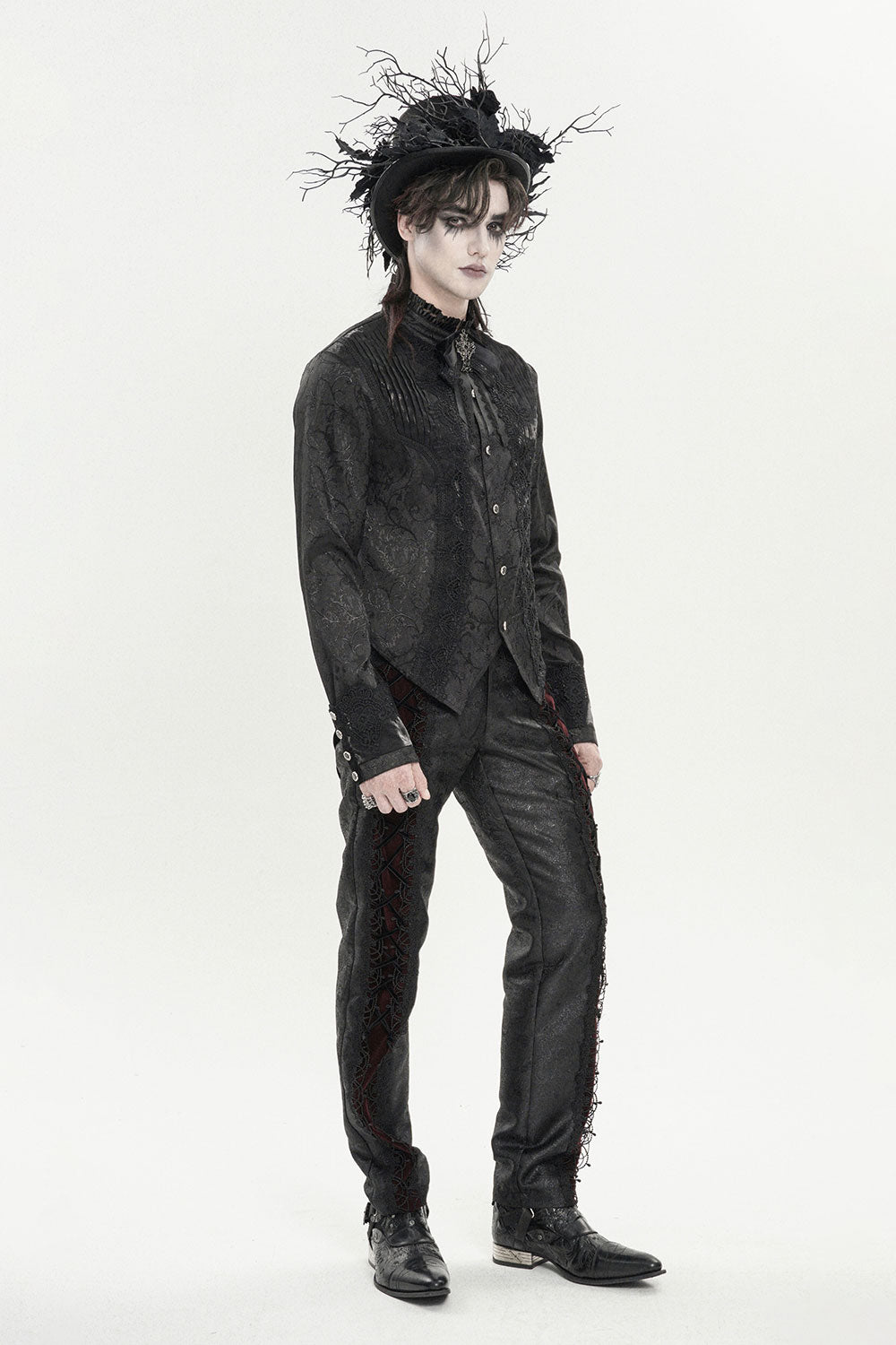 Side view of model wearing black goth shirt