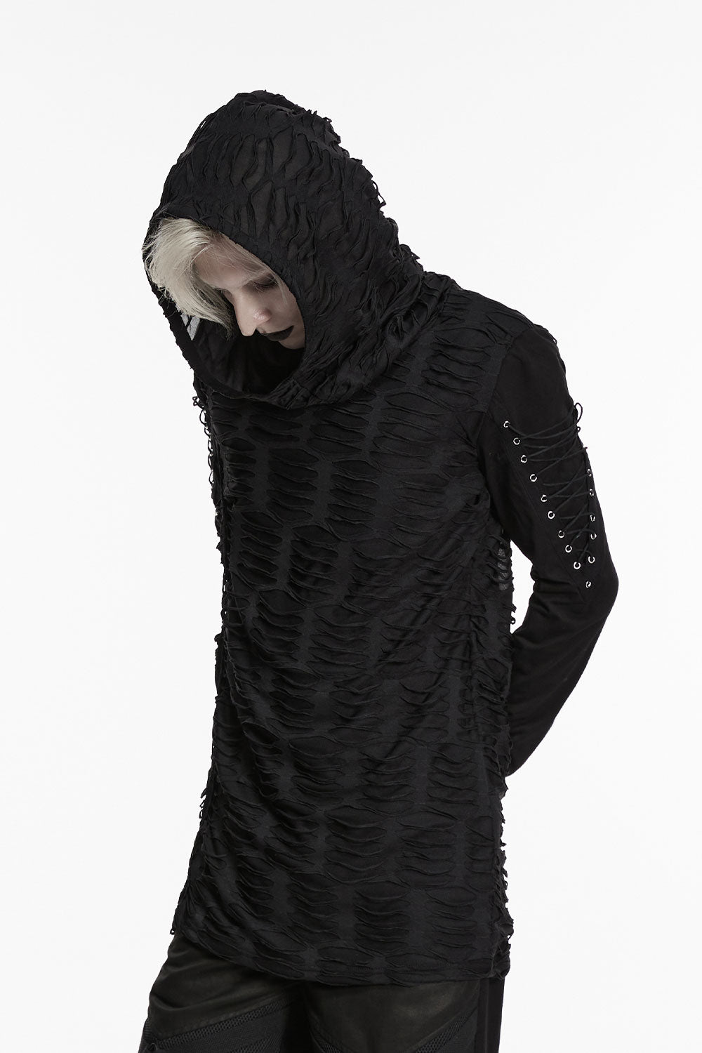 distressed tattered long sleeve hooded top for men from punk rave