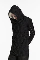 distressed tattered long sleeve hooded top for men from punk rave