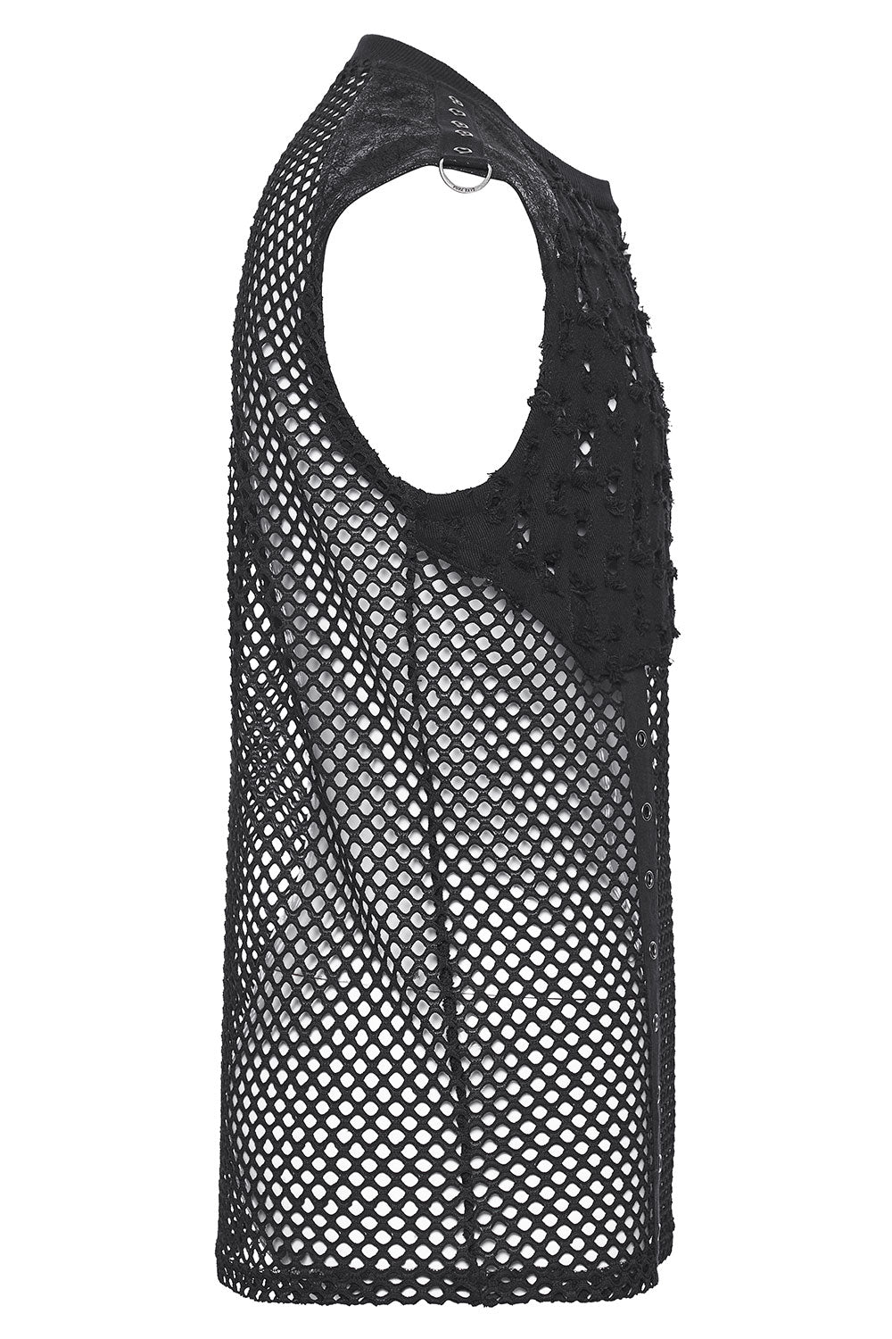 side view of mesh tank top with a rugged, rebellious punk vibe that defines authentic punk streetwear culture