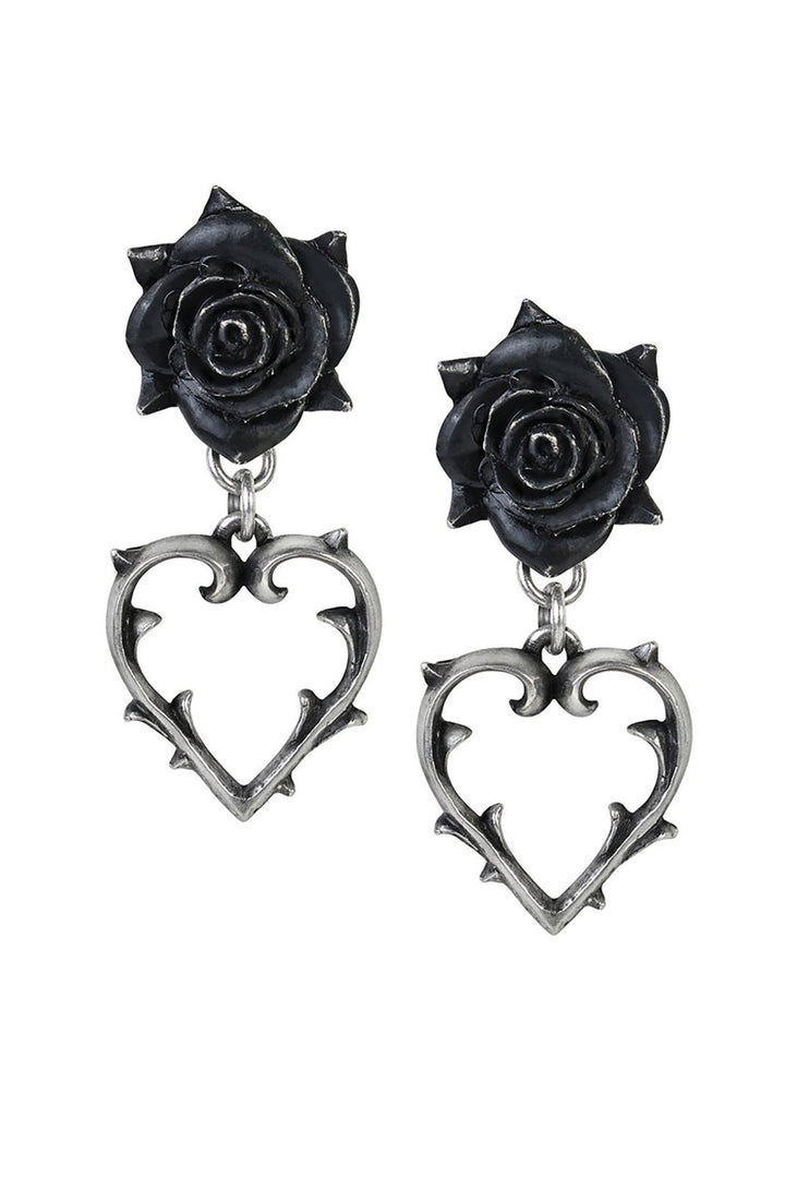 Black rose earrings with heart designs on a white background