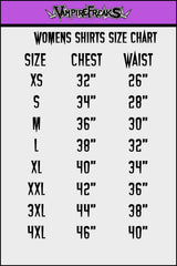 Womens shirts size chart with Vampire Freaks logo at the top