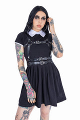black dress with pointed white collar