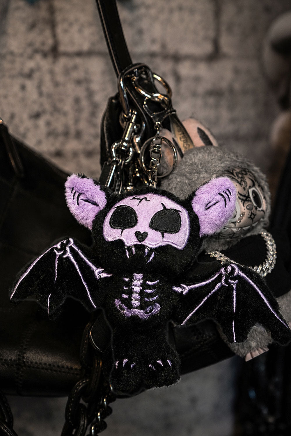 stuffed animal purple and black skeleton bat keychain bag charm