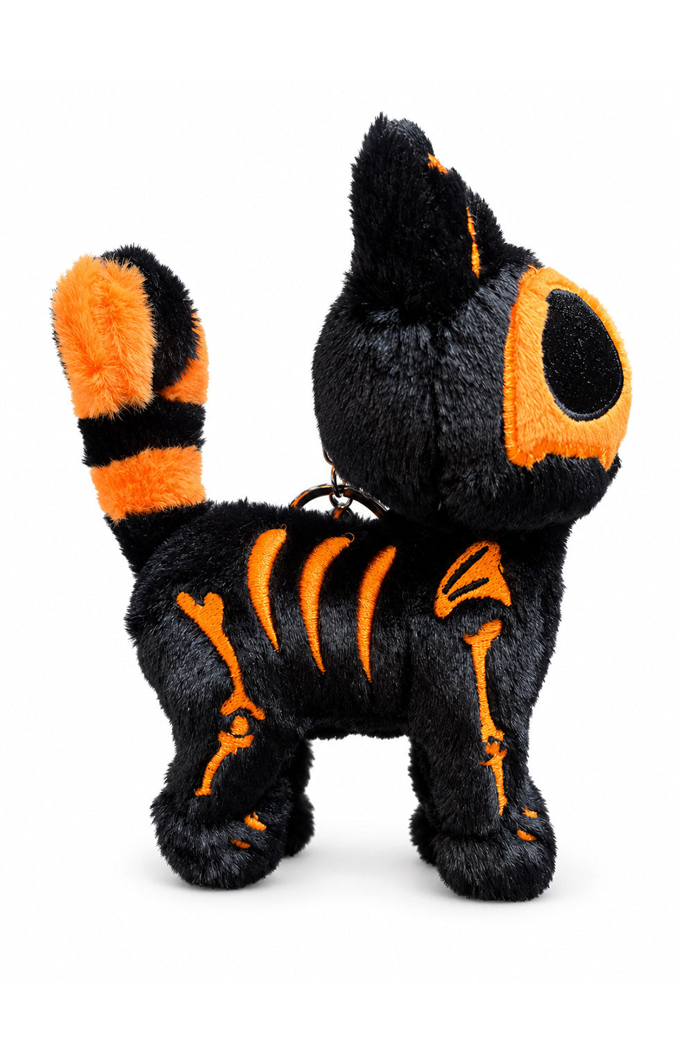 quirky embroidered orange and black halloween skeleton cat plushie keychain