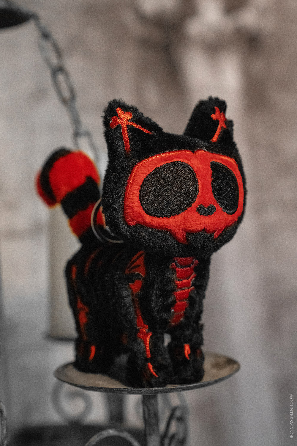 black and red spooky skeleton cat keyring plush