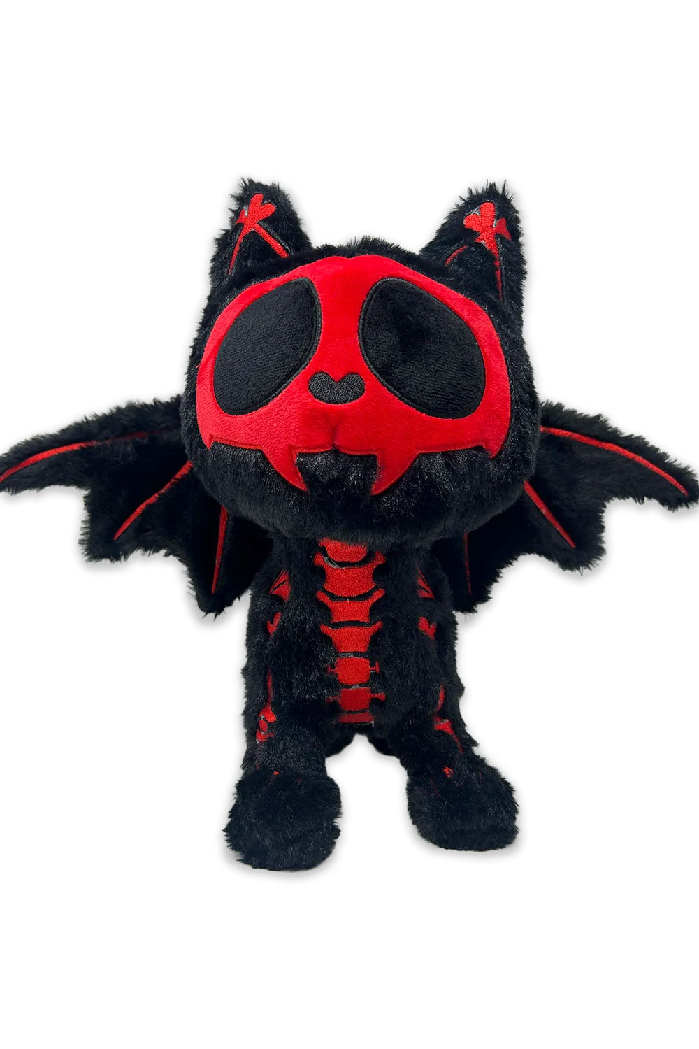 Black and red plush cat toy with bat wings on a white background