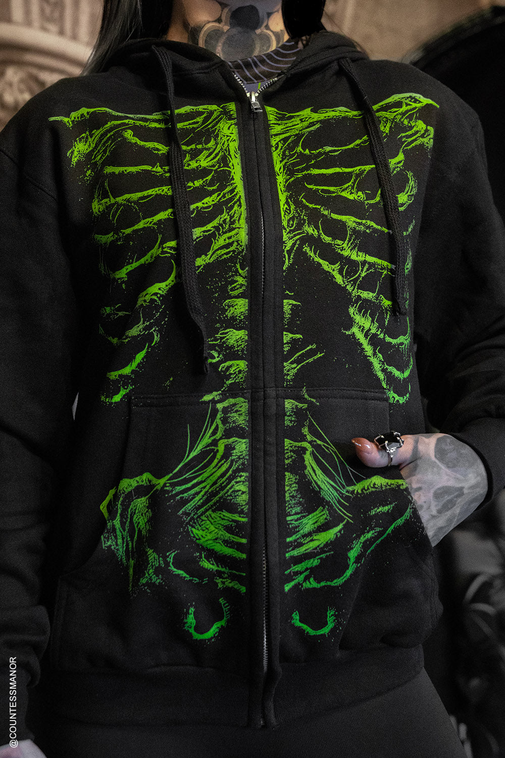 neon green gothic skeleton hoodie