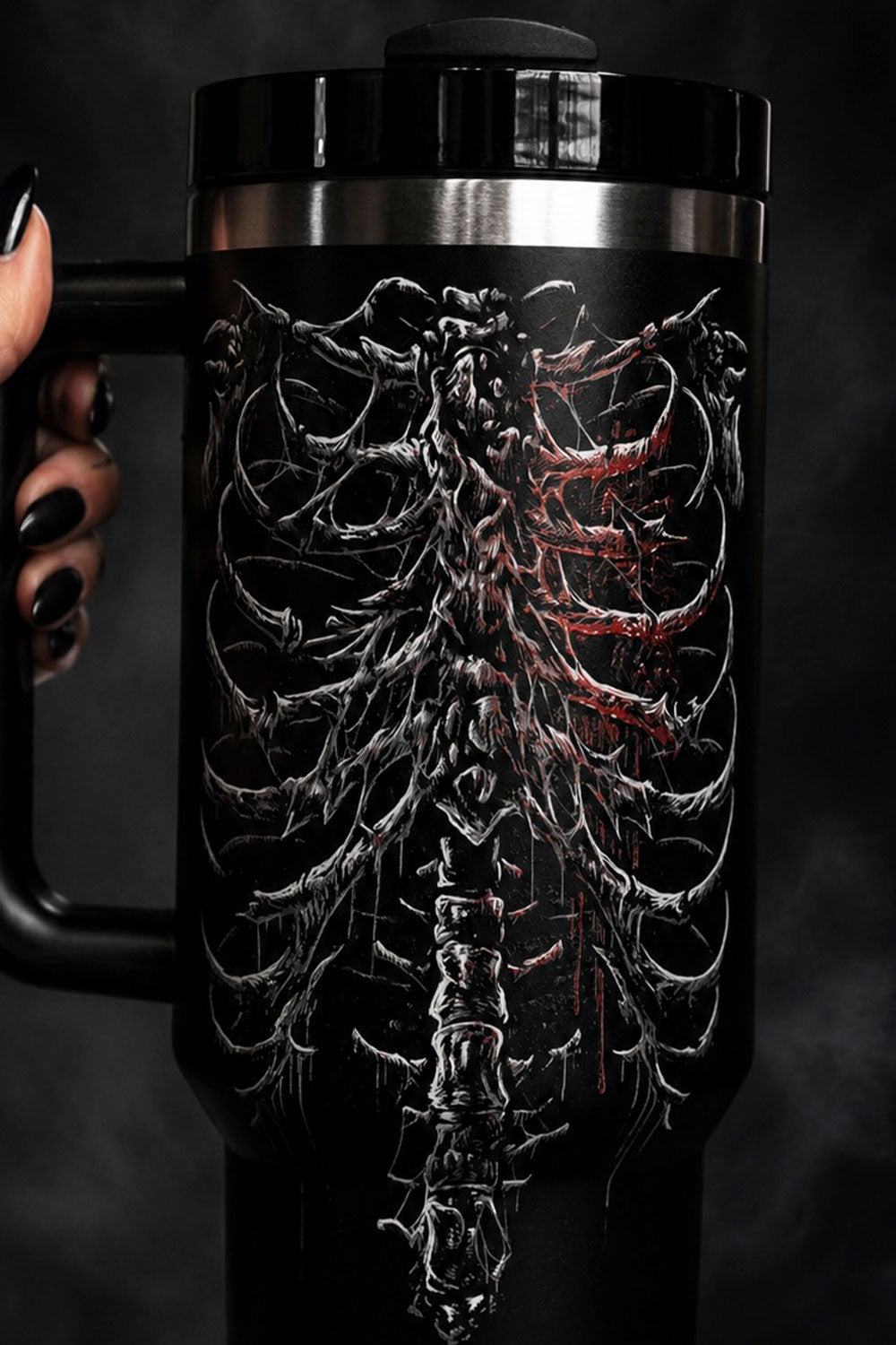 Tumbler with bleeding heart rib cage printed graphic