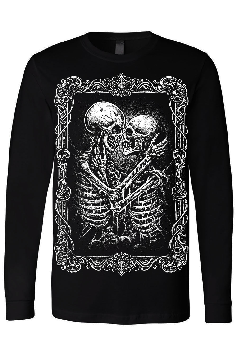gothic long sleeve graphic shirt of skeletons hugging 