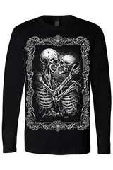 gothic long sleeve graphic shirt of skeletons hugging 