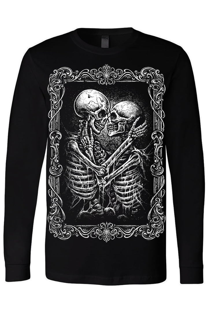 gothic long sleeve graphic shirt of skeletons hugging 