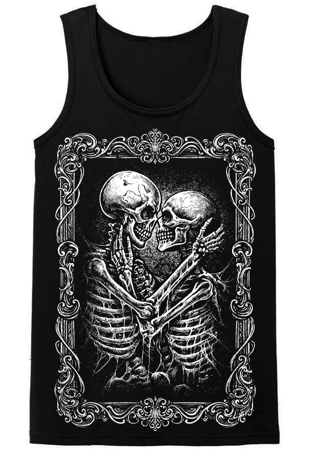 dark mens tank top of kissing skeletons  