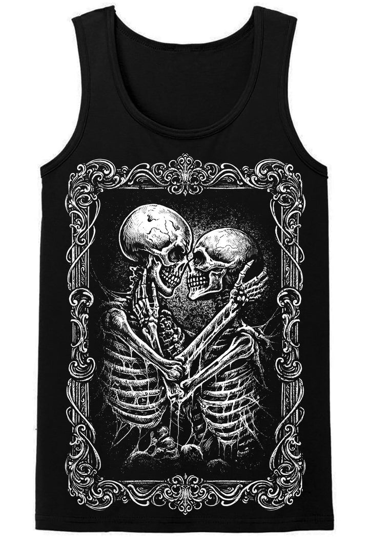 dark mens tank top of kissing skeletons  