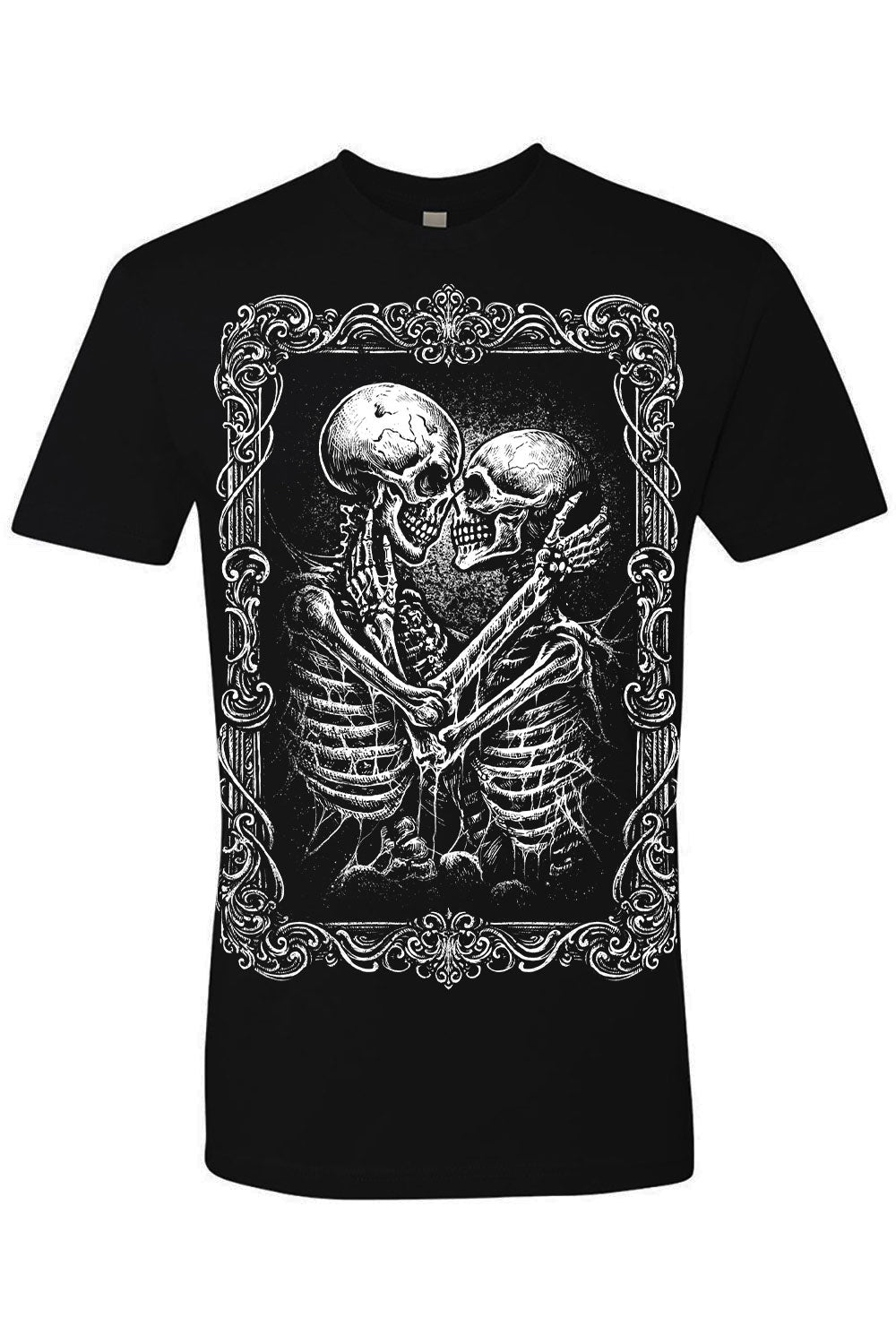Black t-shirt with a skeleton design on a white background