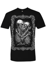 Black t-shirt with a skeleton design on a white background