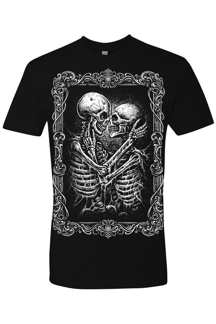Black t-shirt with a skeleton design on a white background