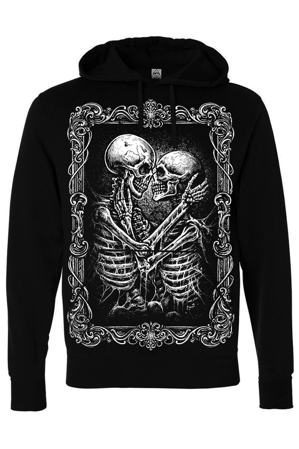Black hoodie with a design of two skeletons embracing on a white background