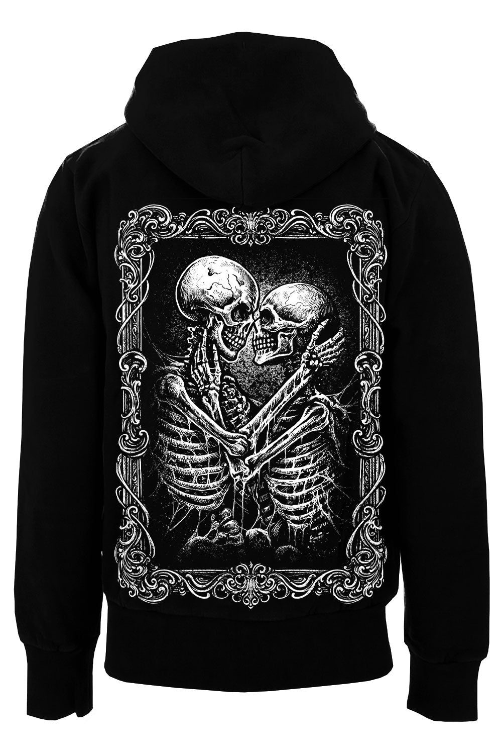 Black hoodie with a skeleton design on the back against a white background