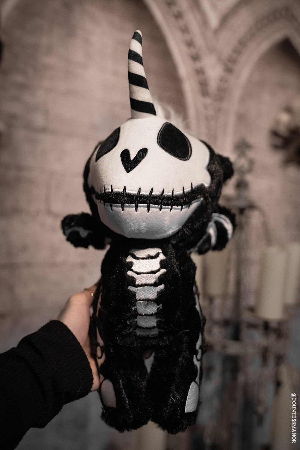 emo black and white skeleton horse plush toy with unicorn horn 