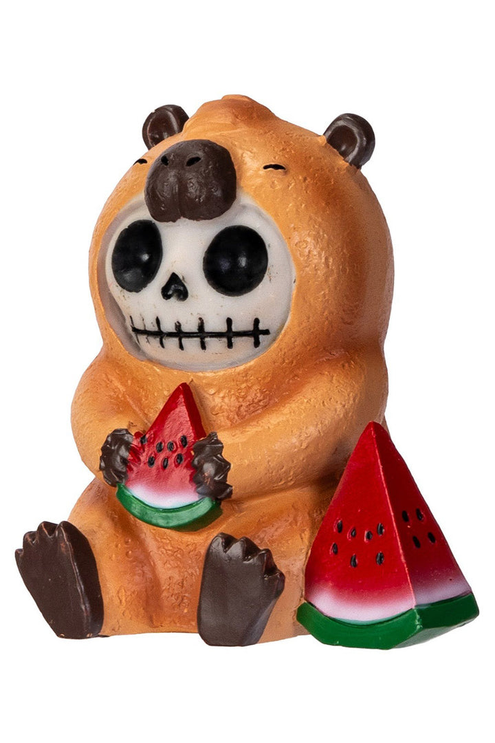furrybones Skeleton capybara figurine holding a watermelon on a white background