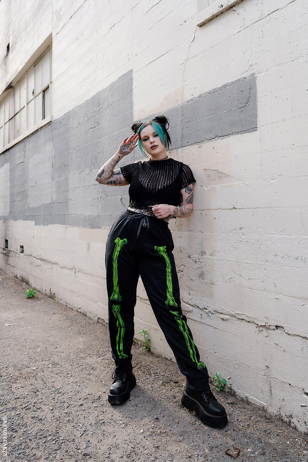 gothic black and green skeleton sweatpants