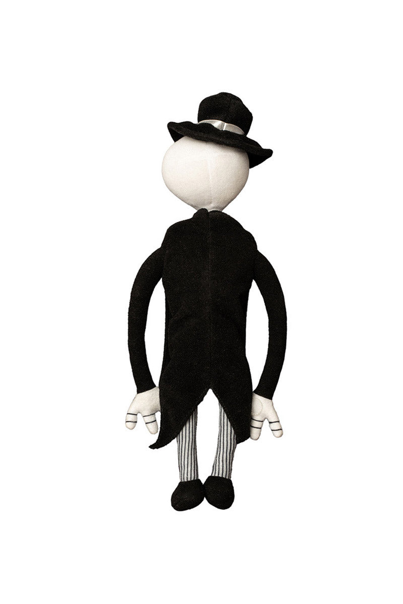 Stylized skeleton plush character in a black suit and hat on a white background