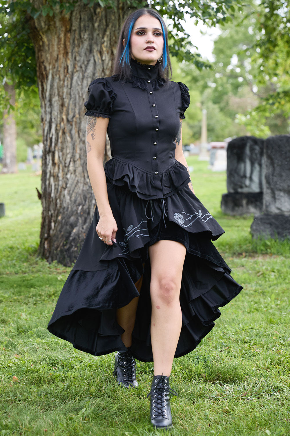 Victorian gothic romantic black layered high low skirt with embroidered gray roses and thorns