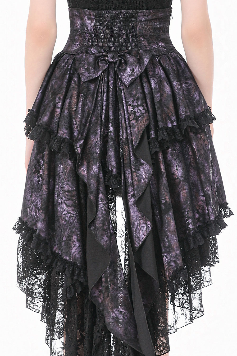 Back view of Victorian goth ruffled layered lace skirt