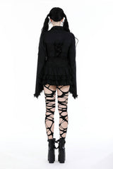 back view of model wearing punk rock eyelet drop tulle mini skirt from Dark In Love