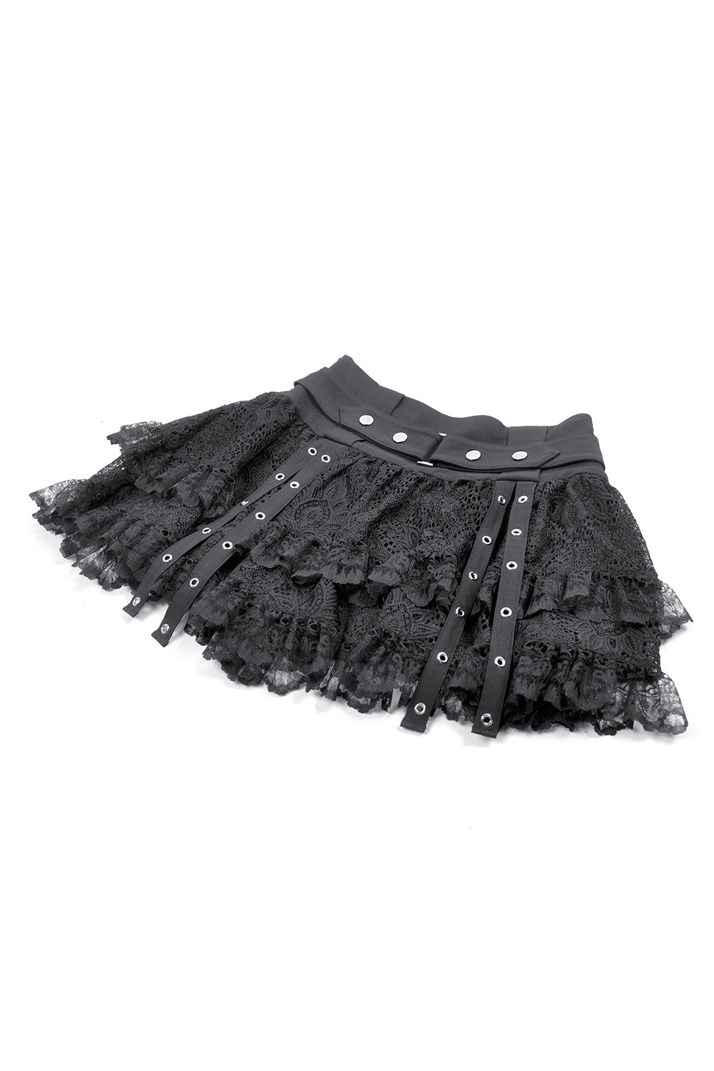 Black mini skirt with lace layers and eyelets