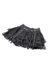 Black mini skirt with lace layers and eyelets