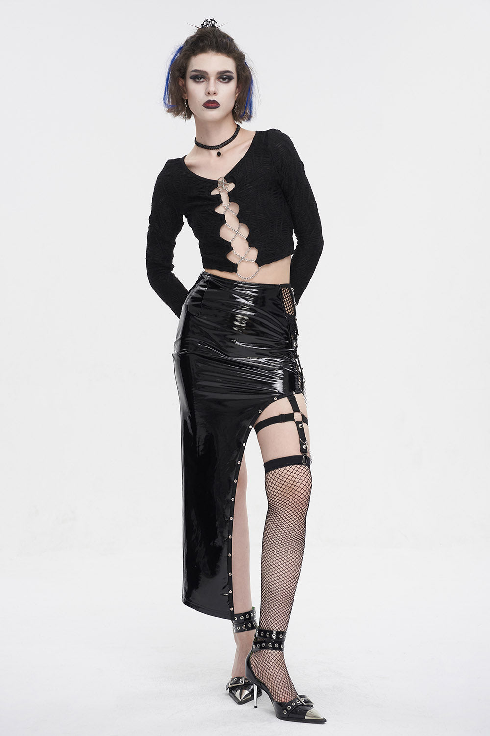 highwaisted shiny leather vegan skirt