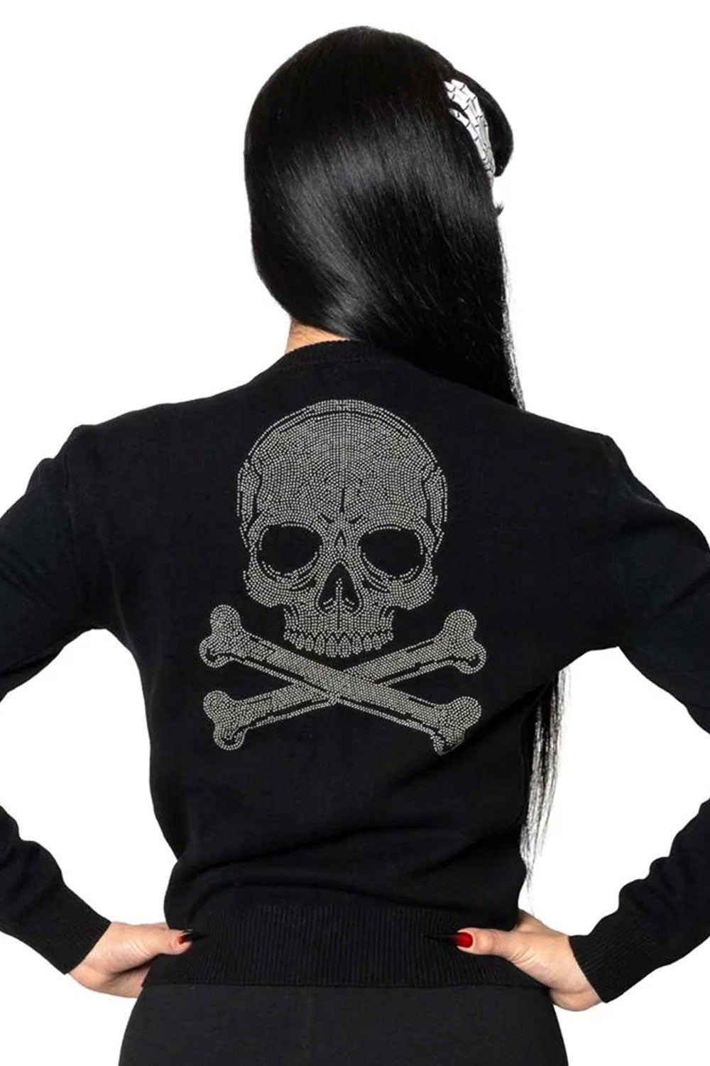 long sleeve button down black cardigan top with skull and crossbones