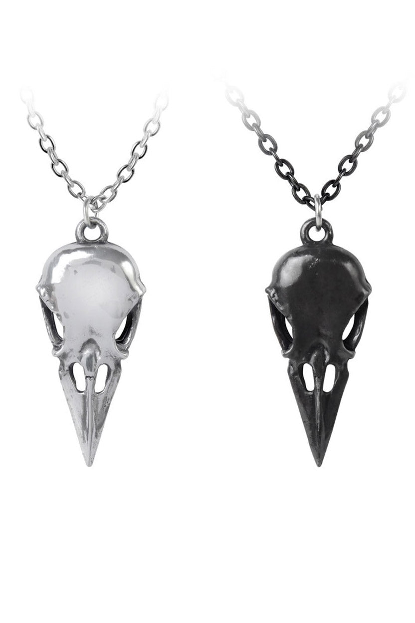 silver and black crow skull necklaces 