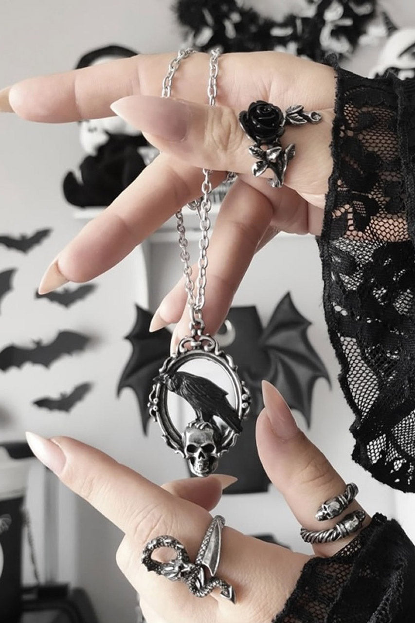 alchemy england gothic raven pendant necklace with skull and cameo frame