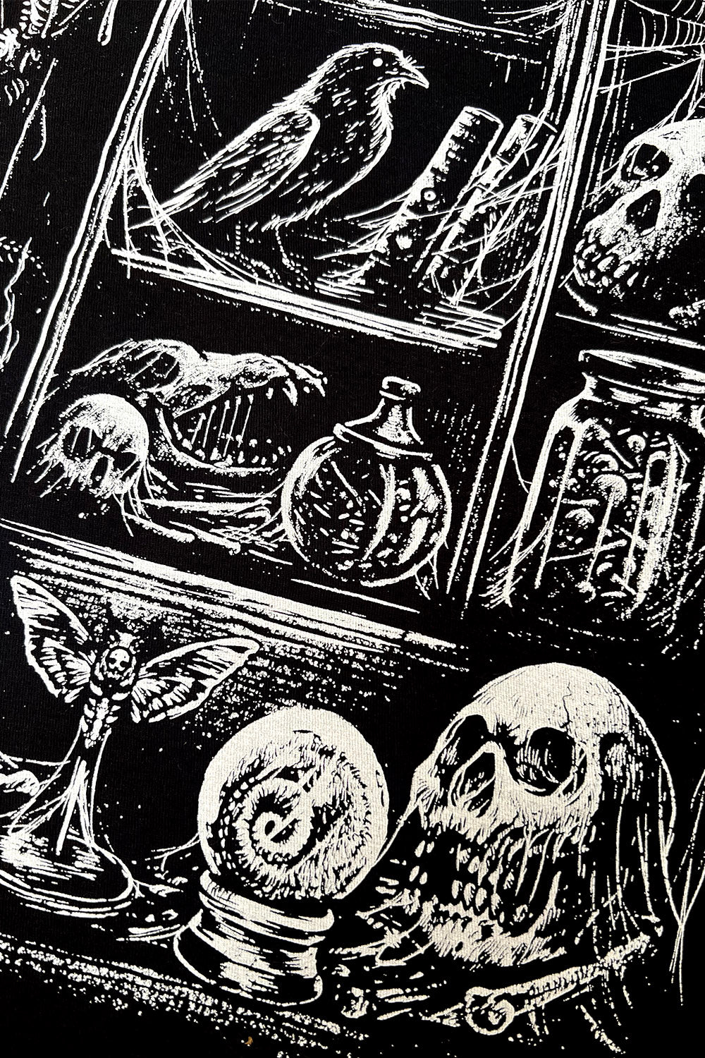human skull, raven, lunar moth and spiderweb shirt