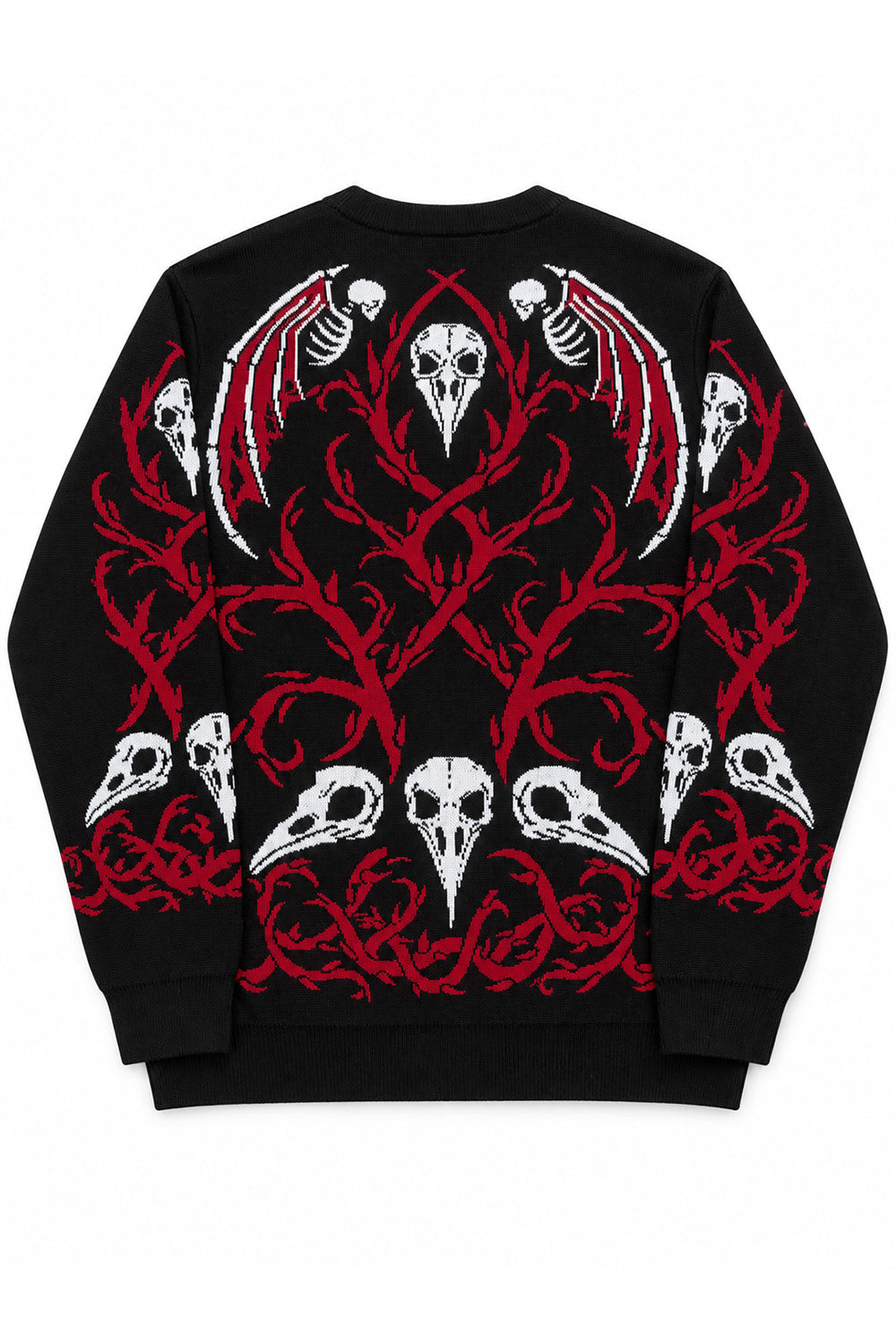 knitted gothic sweater with raven skulls and skeleton angels on the back