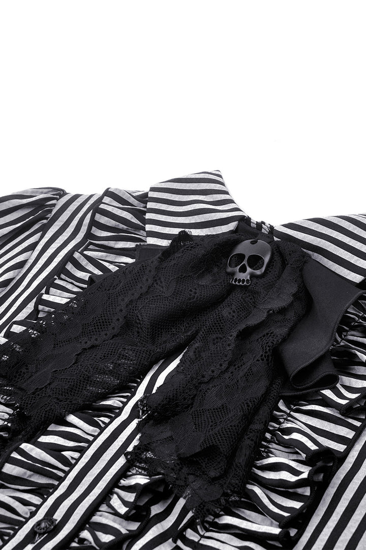 quirky goth striped grey and black long sleeve top  with lace collar 