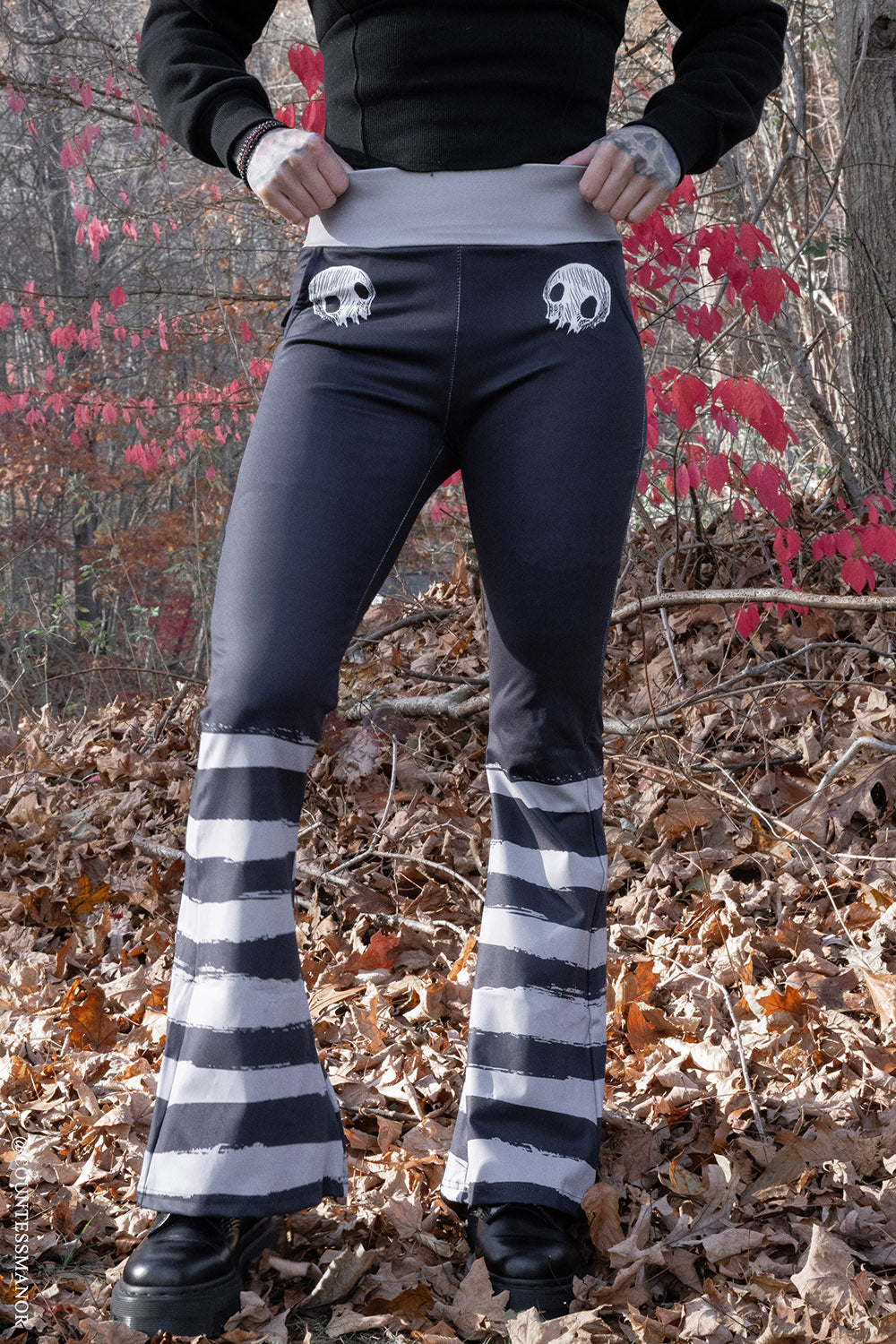 creepy cute skull grey and black striped flares