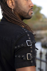 Gothic short sleeve shirt for men featuring shoulder strap buckles and chest pockets for emo grunge style and dark alternative clothing