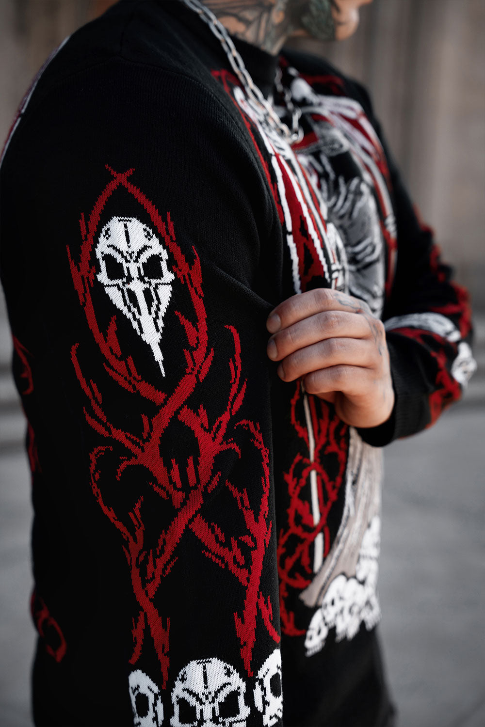VampireFreaks gothic plague doctor pullover with all over knitted graphics for dark academia and alternative clothing styles