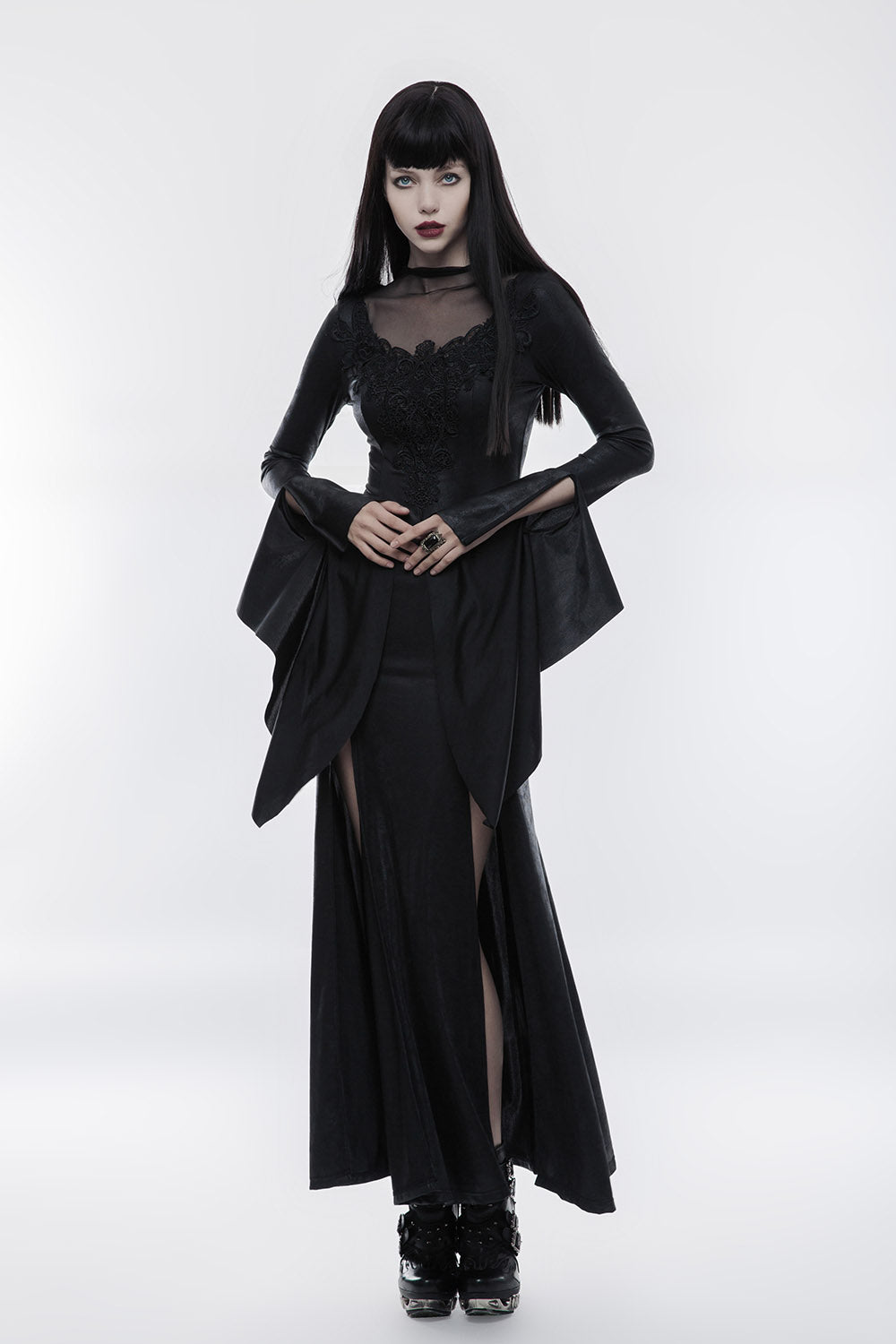 black gothic dress with thigh leg slits