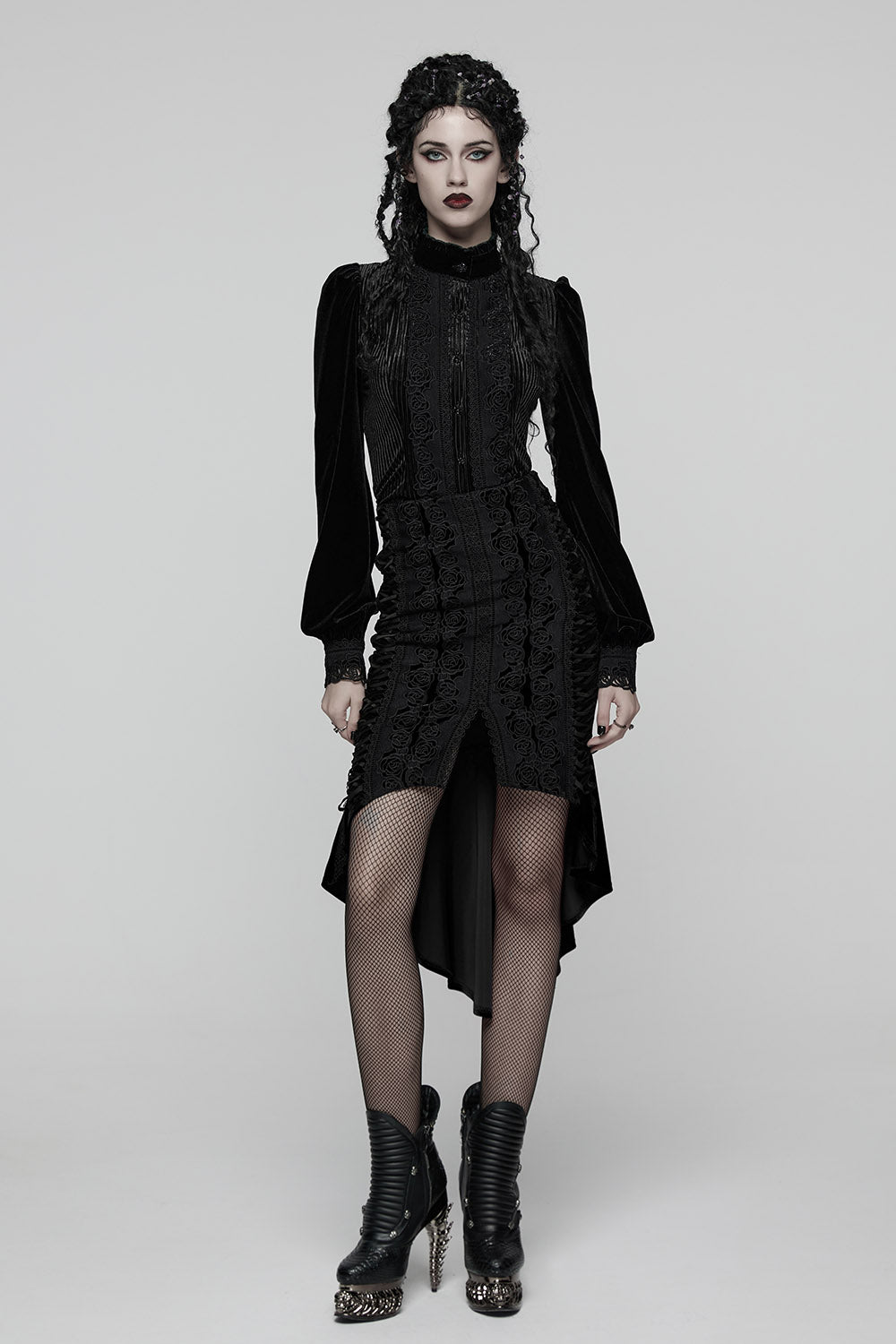 fishtail black velvet leg slit skirt