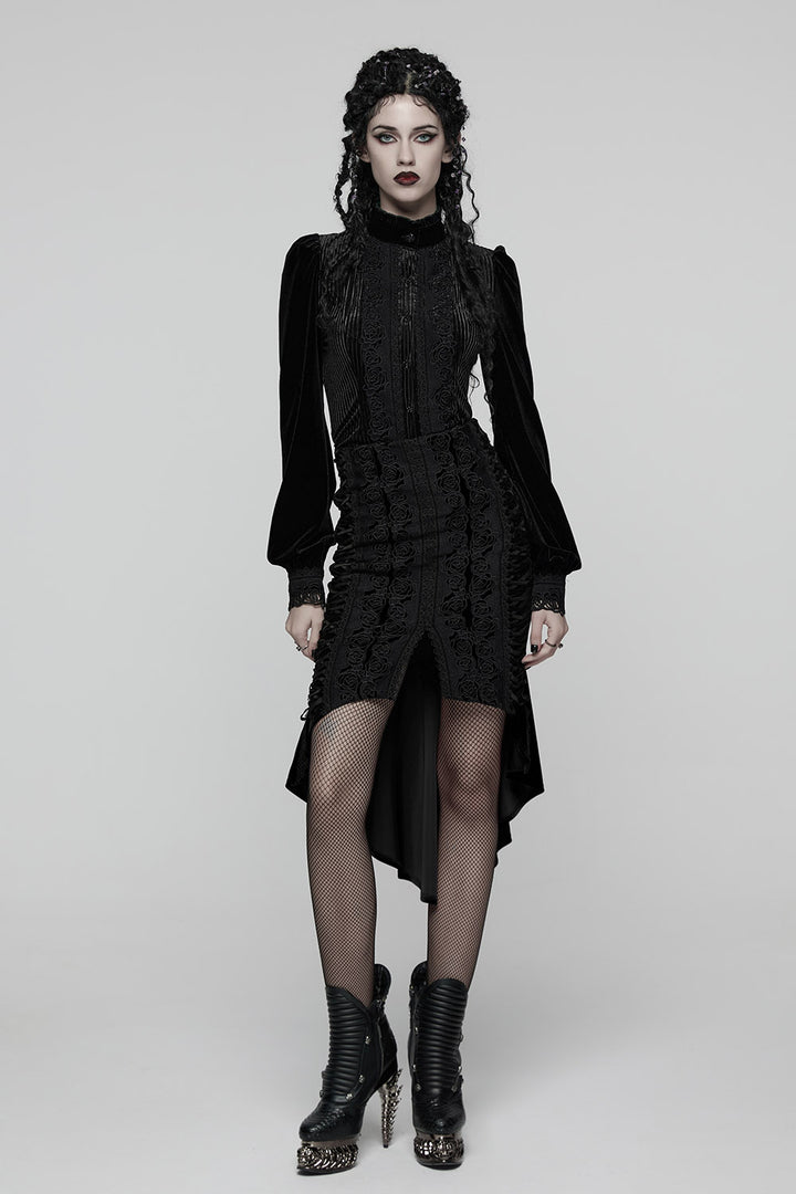 fishtail black velvet leg slit skirt