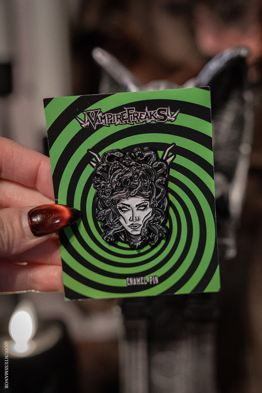 gothic enamel medusa pin badge