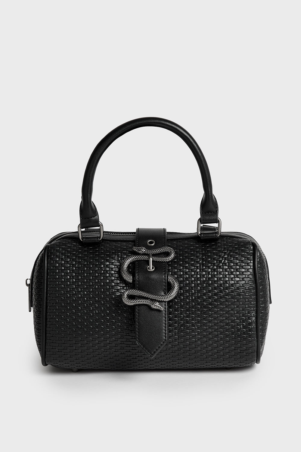 small black bucket bag with snake charm 