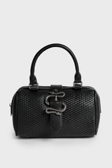 small black bucket bag with snake charm 