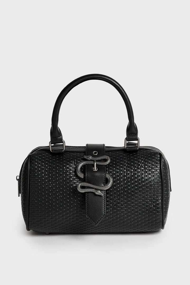 small black bucket bag with snake charm 